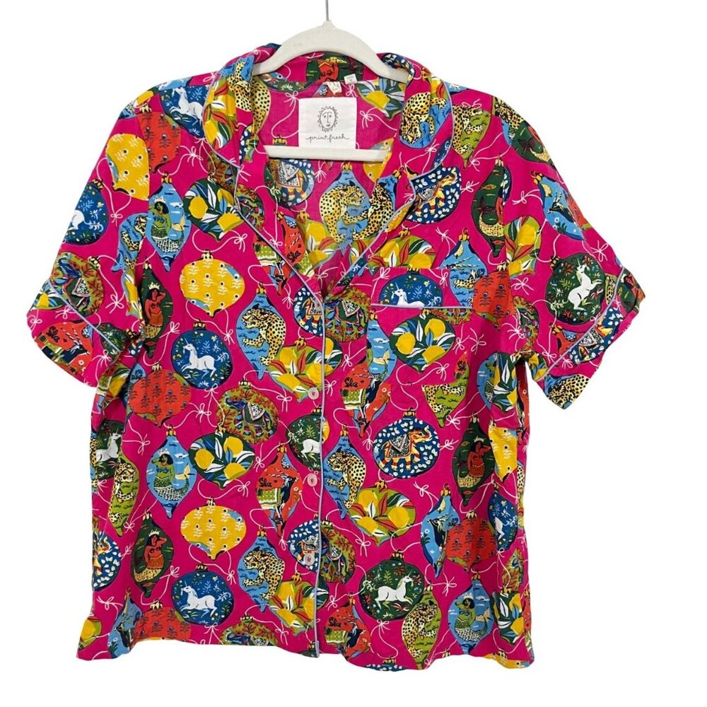 PrintFresh Deck the Halls‎ Pink Multicolor Pajama Top Animal Print Size Large